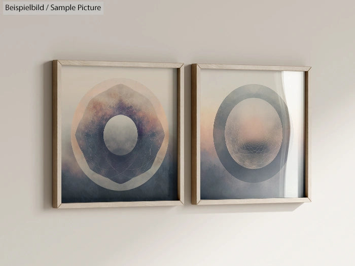 Two framed abstract paintings with circular designs in blue and orange hues on a light wall.