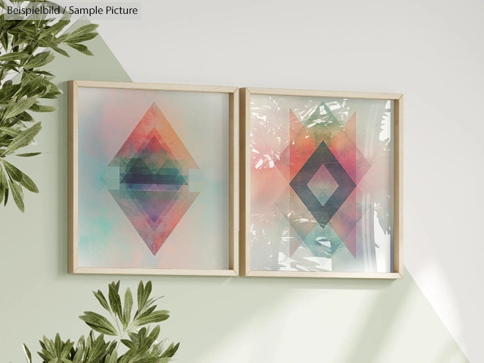 Two abstract geometric art pieces in wooden frames, featuring layered triangles and diamonds in pastel and vibrant colors.