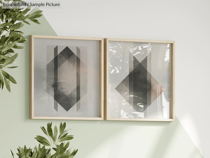 Minimalist geometric art prints in wooden frames on a light green wall, with green plants partially visible.