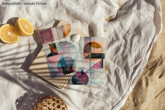 Geometric abstract art prints on cloth with lemons and seashells on sandy surface.