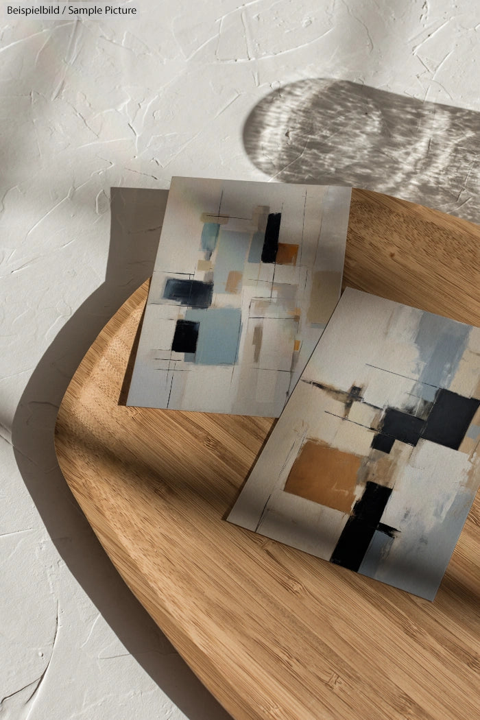 Two abstract paintings with geometric shapes and neutral colors on a wooden surface with natural light.