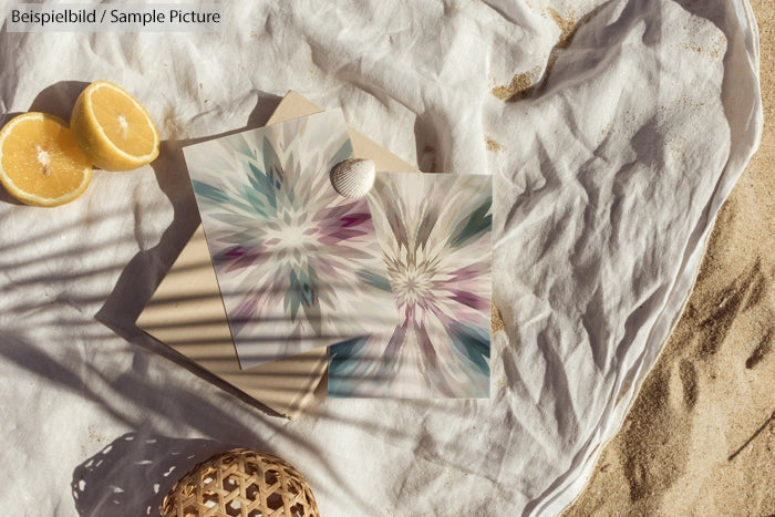 Two abstract floral postcards on sand with sliced lemon and fabric, creating a beach-themed aesthetic.