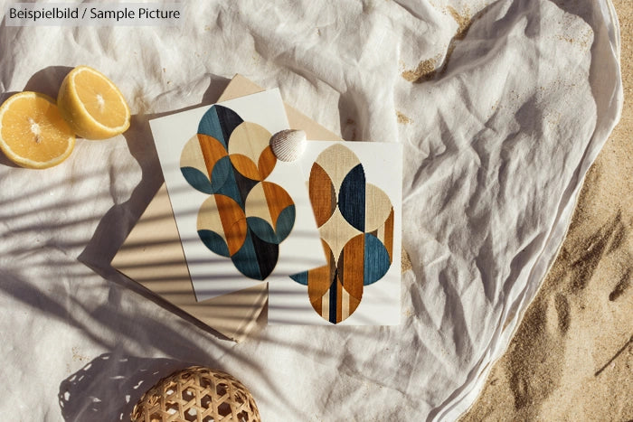 Decorative abstract postcards on sandy beach with lemons and seashell on sunlit fabric.