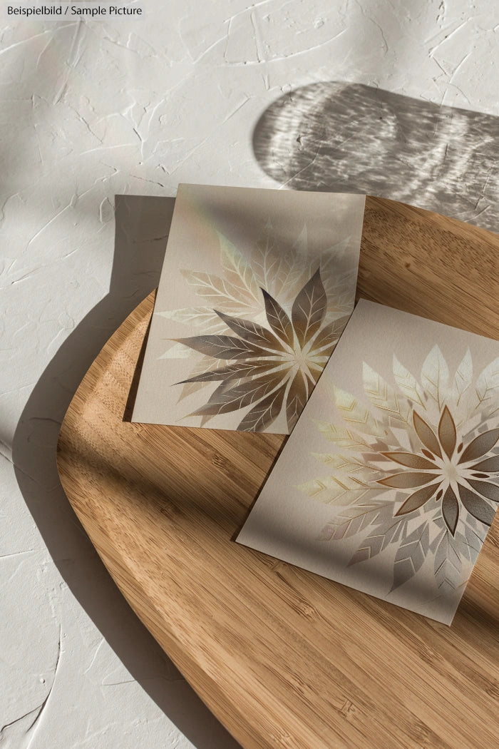 Two geometric floral designs on beige backgrounds on a wooden tray, lit by soft sunlight casting shadows.