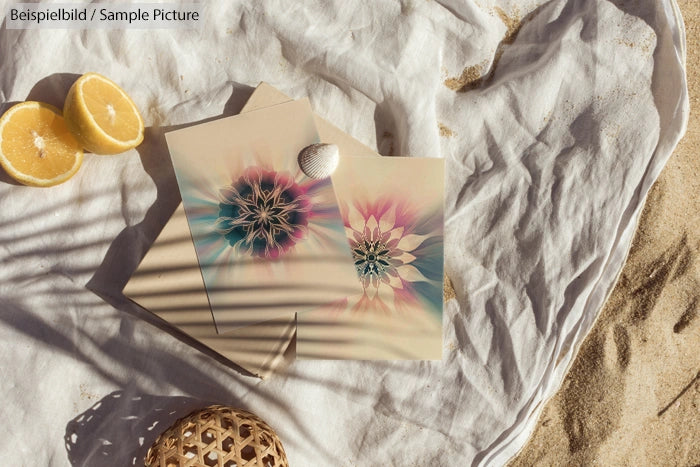 Mandala postcards on sandy beach with lemon slices and shadows.