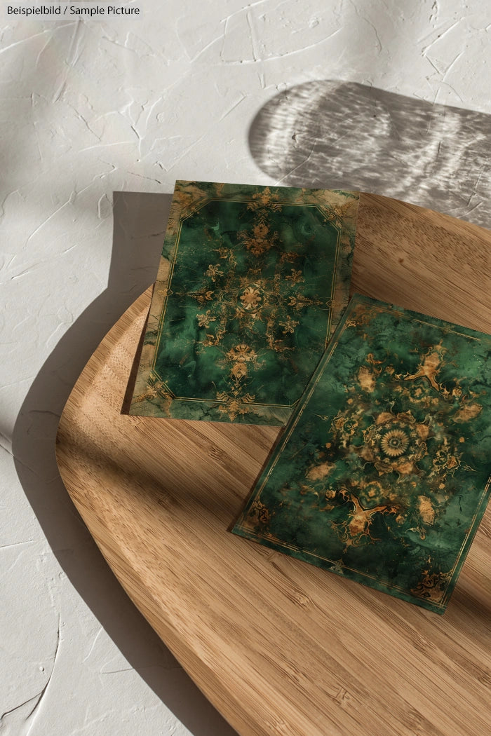 Two decorative green and gold patterned cards on a wooden tray, casting shadows on a textured white surface.