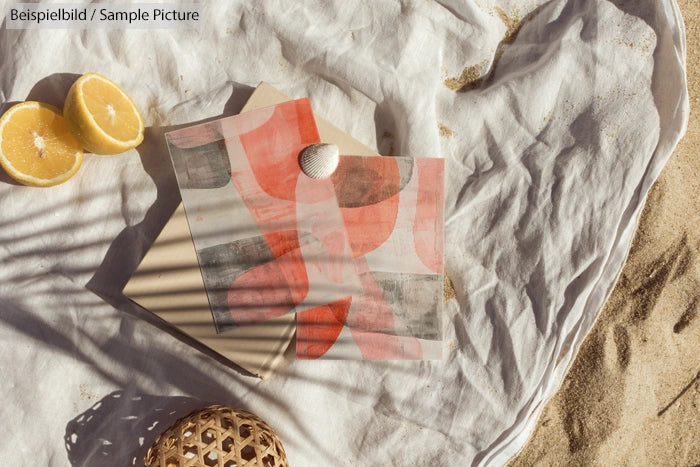 Beach scene with abstract art prints, lemons, and a seashell on a white cloth over sand.