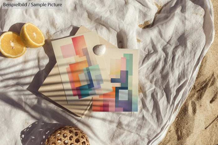 Abstract art postcards on sandy beach with lemons and shadows on a white cloth.