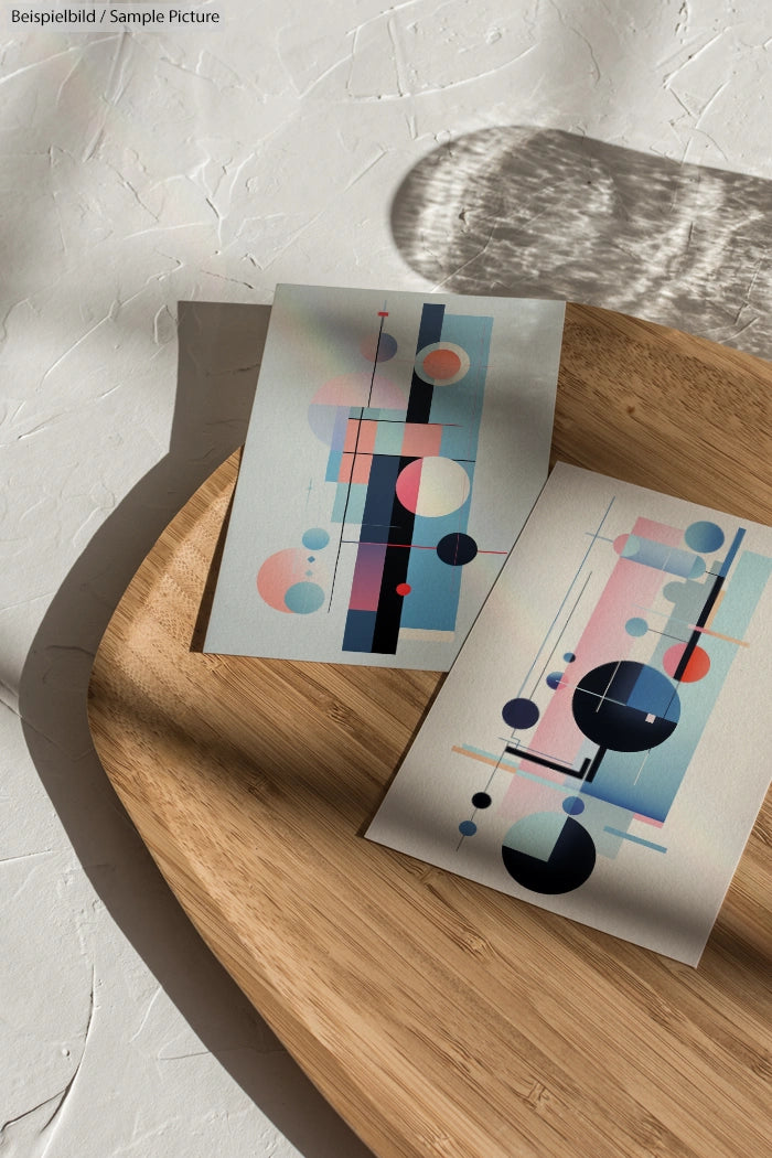 Abstract geometric art prints on a wooden surface, featuring circles and lines in pastel colors.