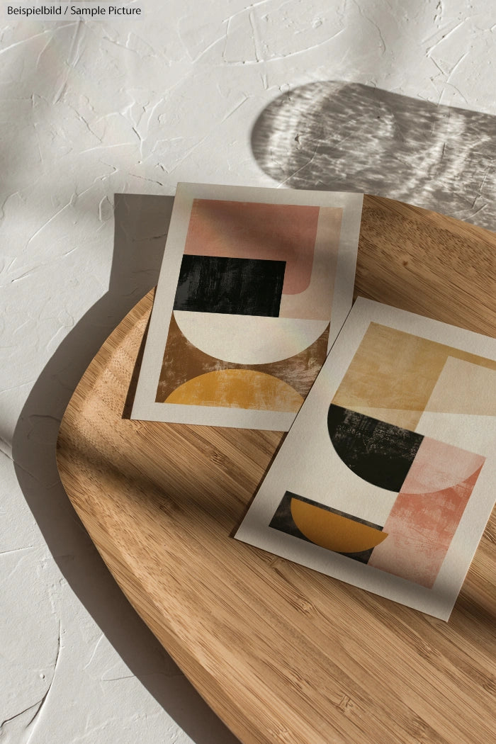 Abstract geometric art prints on a wooden tray with natural lighting.