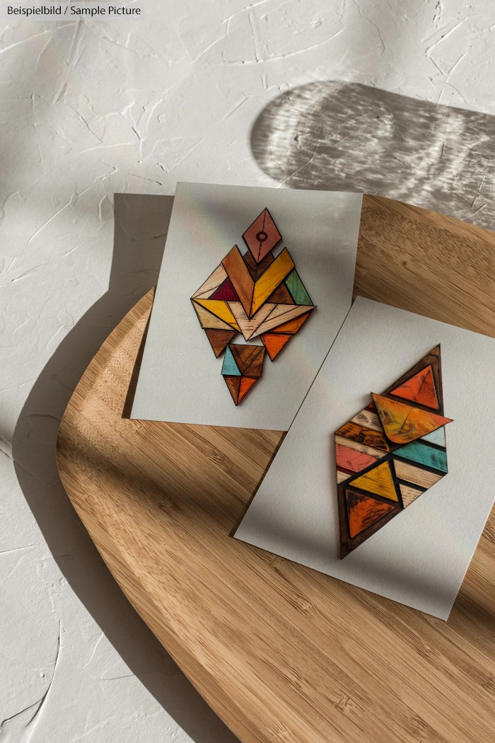 Two geometric abstract art pieces on paper on a wooden tray, featuring colorful triangular and polygonal shapes.