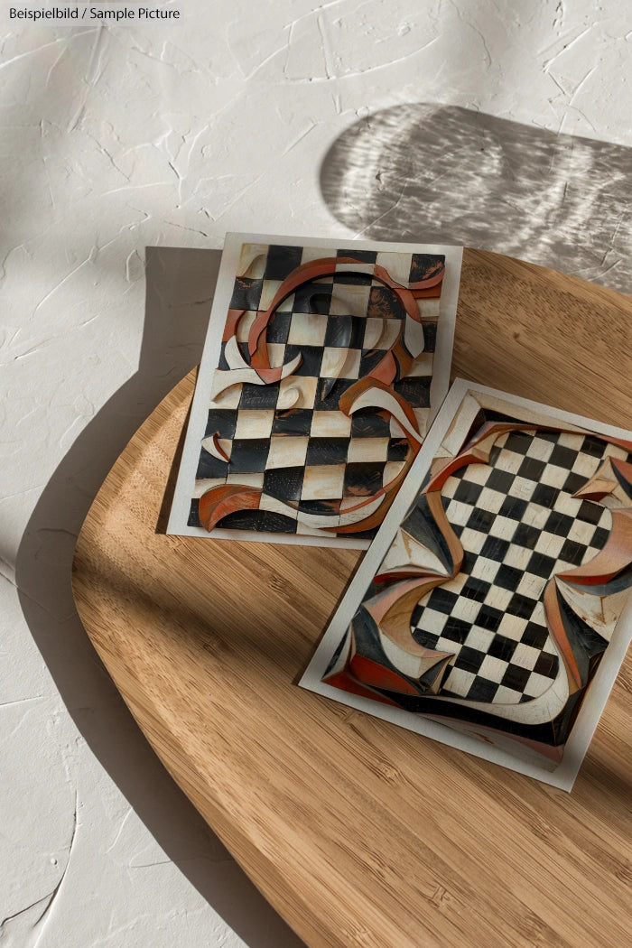 Wooden tray with two abstract checkerboard pattern cards in sunlight.