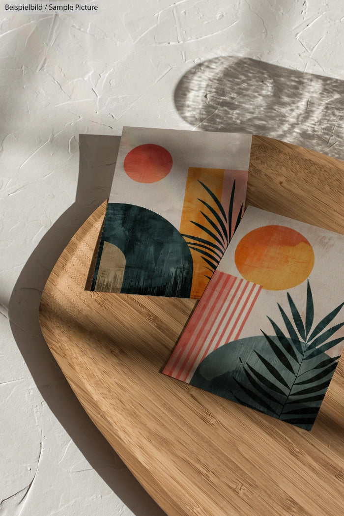 Two geometric artwork prints on a wooden tray, featuring abstract landscapes with sun and leaf motifs in earthy tones.