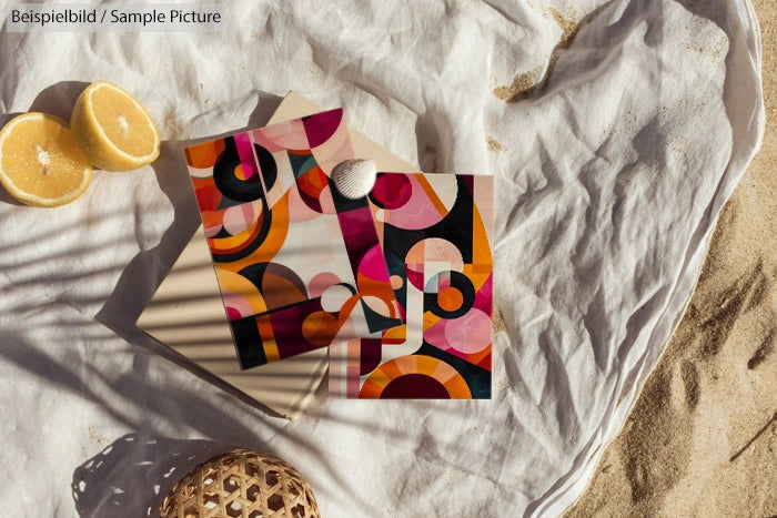 Geometric colorful postcards on sandy beach with lemons, seashells, and woven basket, casting shadows on white fabric.