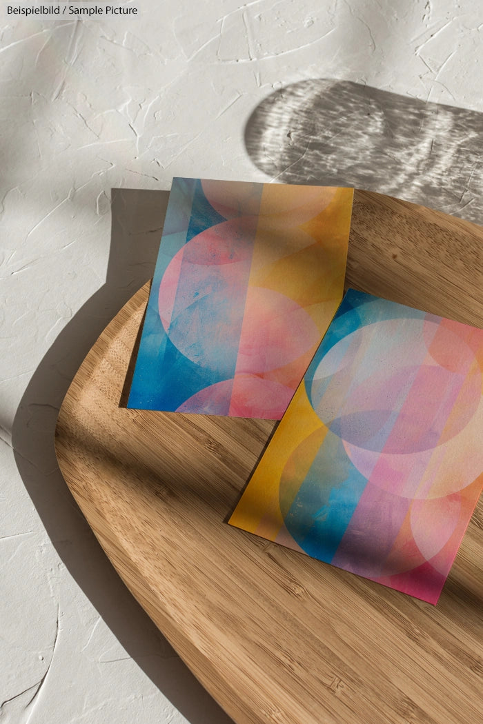 Colorful abstract cards with geometric patterns on a wooden tray under natural sunlight.