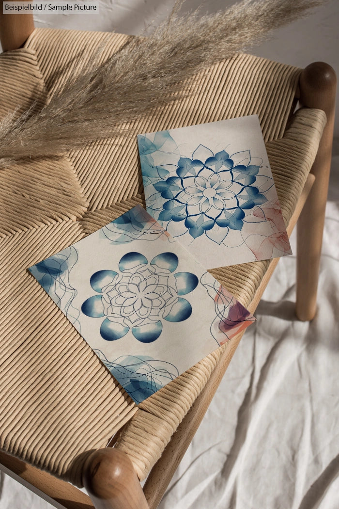 Two floral watercolor paintings on a woven chair with pampas grass in background.