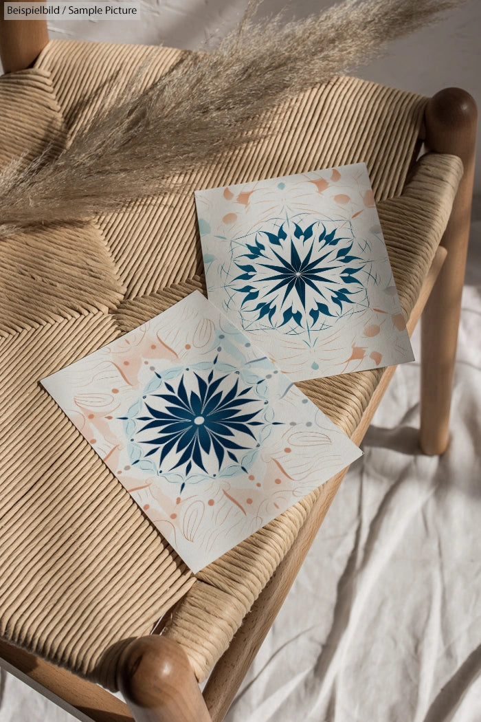 Floral patterns on paper placed on a wicker chair, with dried pampas grass. Soft lighting creates a cozy atmosphere.