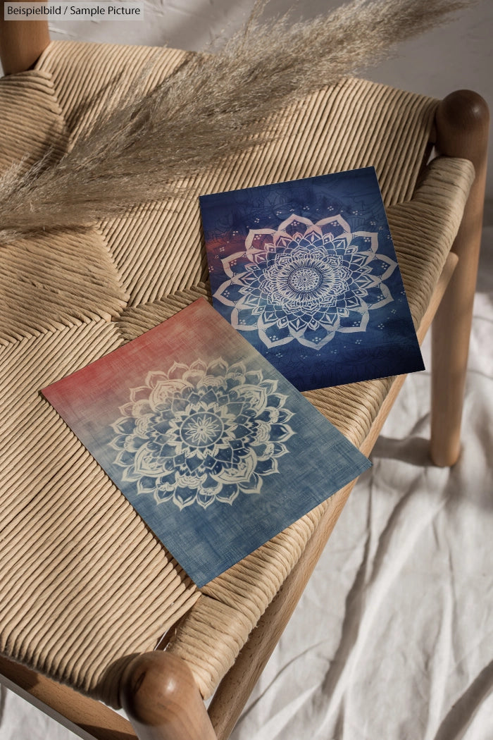 Two mandala art prints displayed on a woven chair with a dried pampas grass in the background.