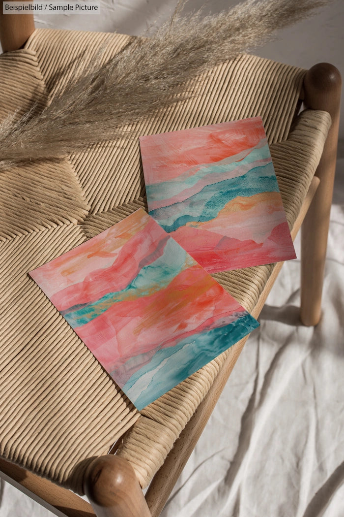 Abstract watercolor paintings with pink, blue, and green tones on a woven chair, dried floral arrangement beside them.