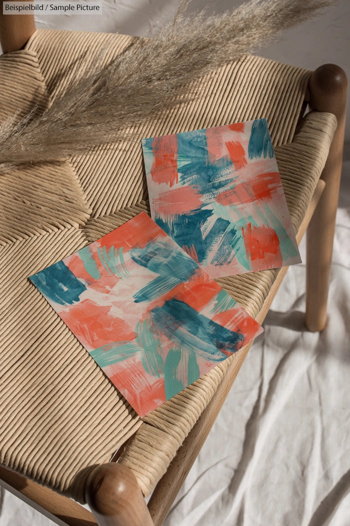 Abstract paintings with bold orange, teal, and white brushstrokes on a woven chair under soft lighting.