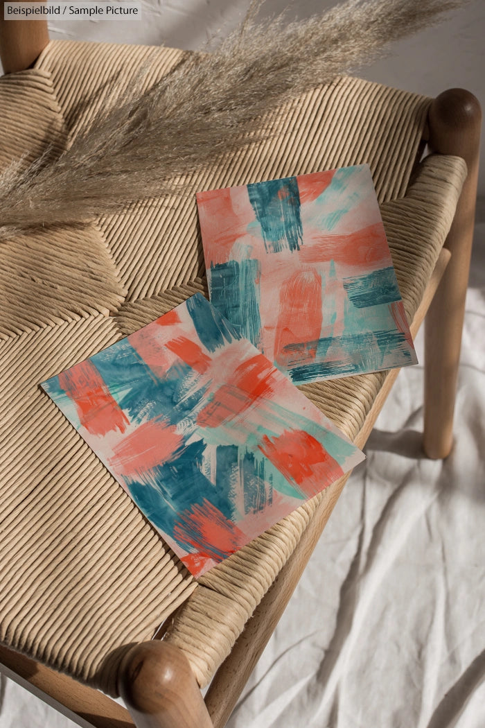 Two abstract paintings with blue, white, and coral brushstrokes on a woven chair under natural light.