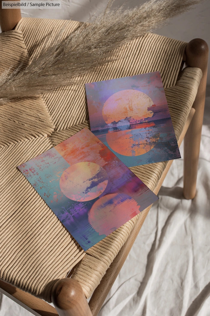 Abstract artwork cards with moon reflections on a woven chair under soft lighting.