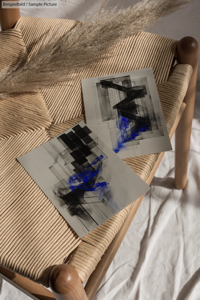 Abstract art prints with black and blue geometric patterns on a woven chair with dried grass decor.