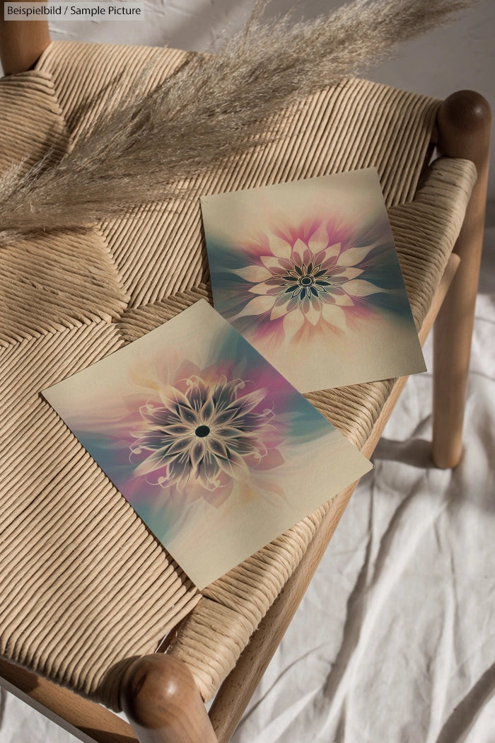 Two abstract floral prints on a woven chair with natural light and a pampas grass accent.