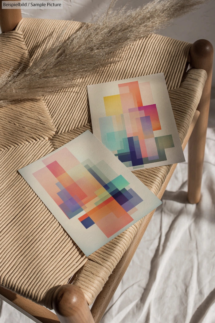 Two abstract art prints with colorful geometric shapes on a woven chair.