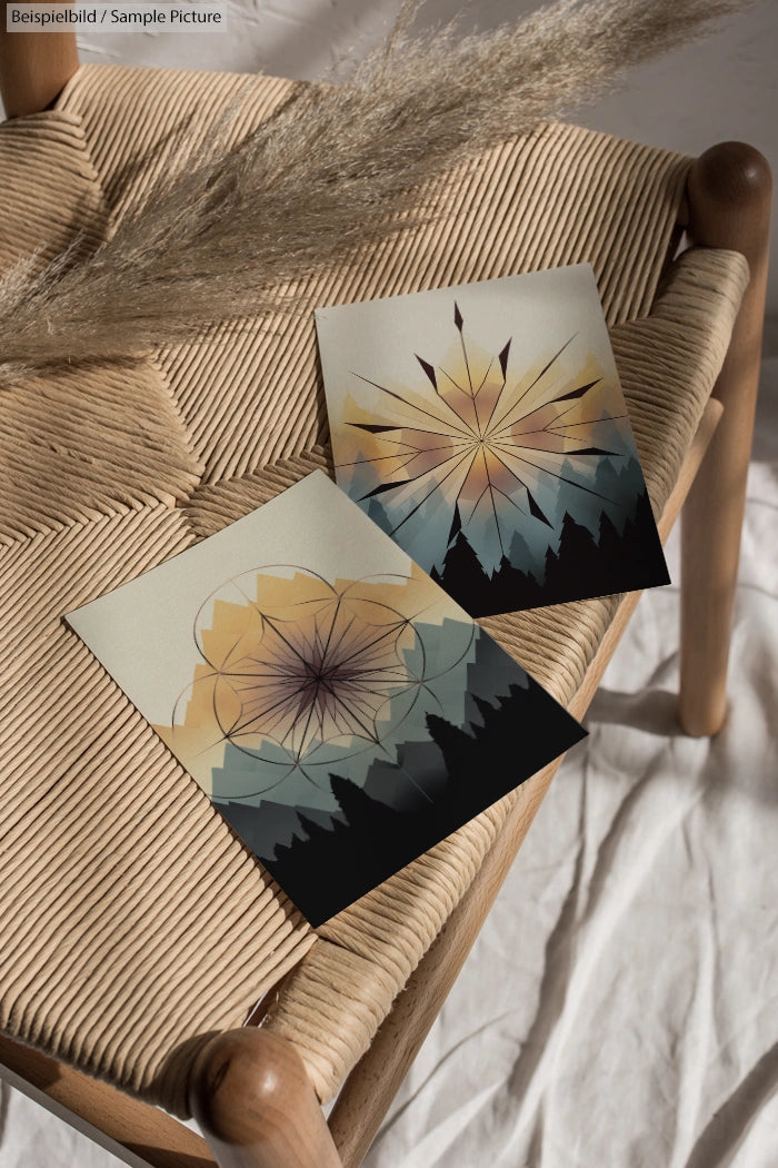 Two abstract art prints with compass roses and mountain silhouettes on a woven chair, bathed in soft natural light.