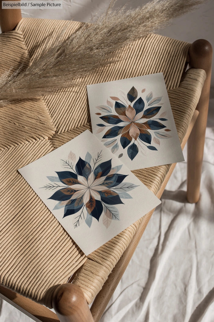 Two geometric floral artworks on a woven chair, with natural light casting soft shadows on the floor.