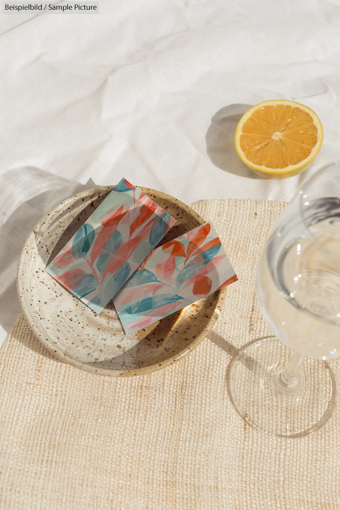 A speckled ceramic plate with abstract red and teal leaf pattern cards, beside a half lemon and glass on a white cloth.