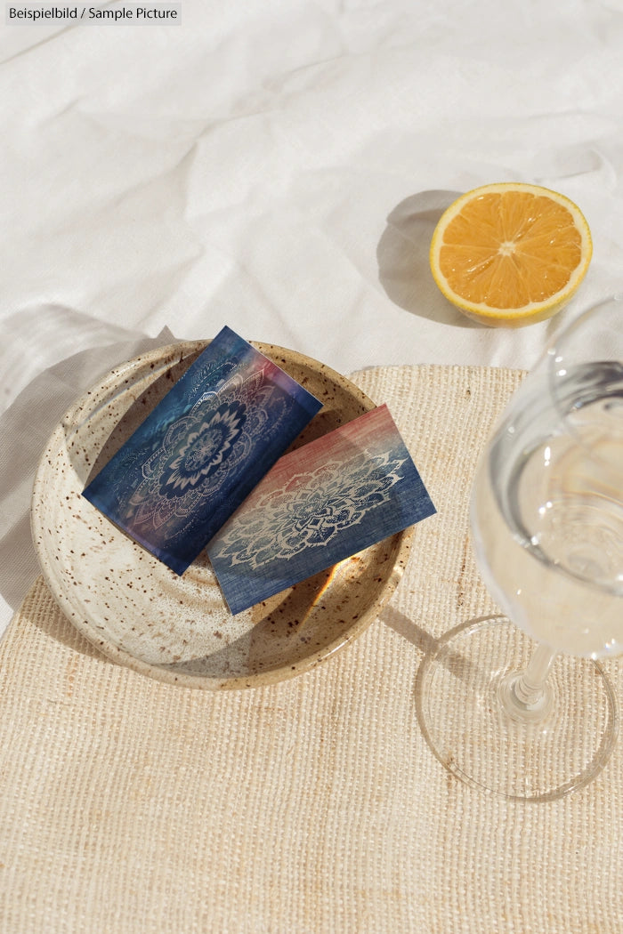 Decorative cards on a ceramic dish with a glass of water and a slice of orange on a textured surface.