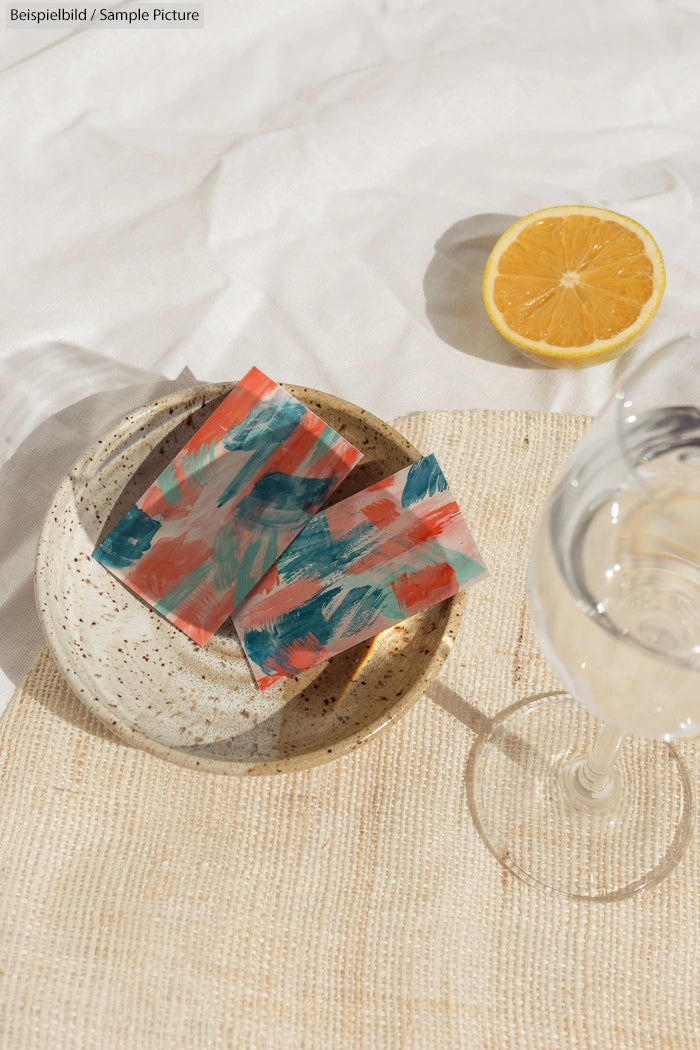 Abstract art cards in ceramic bowl with sliced lemon and wine glass on textured cloth.