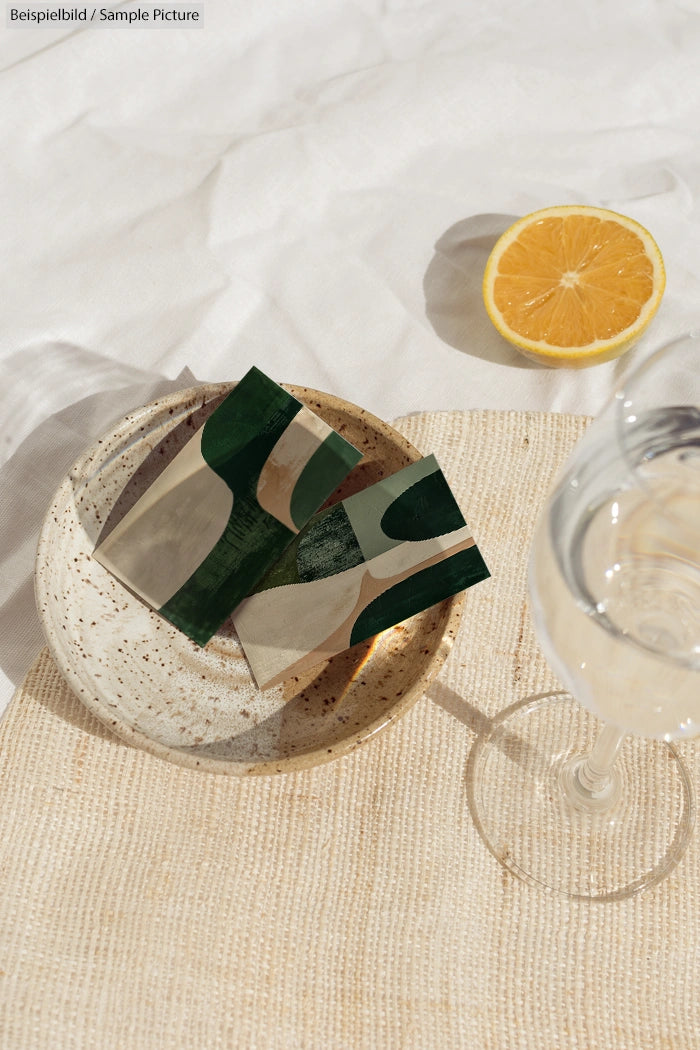 Art cards on a speckled plate, half orange, and glass of water on a fabric surface.