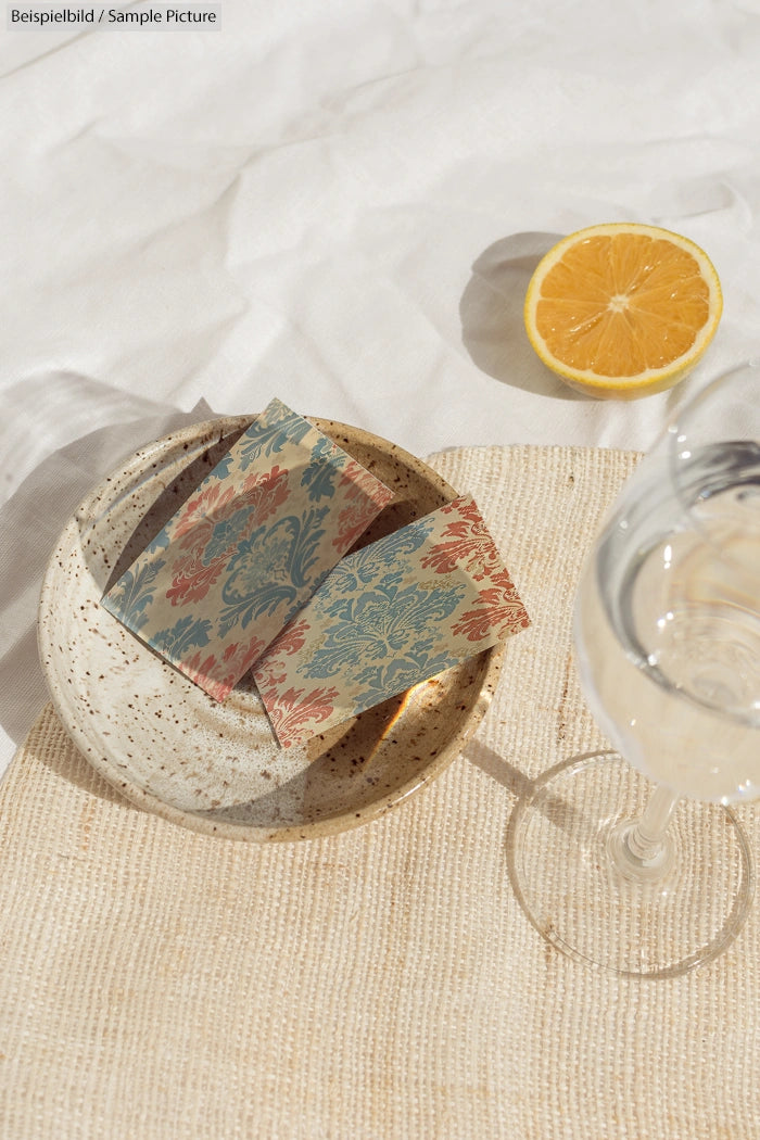 Decorative cards in a ceramic bowl with half a lemon and a glass of water on a sunlit cloth.