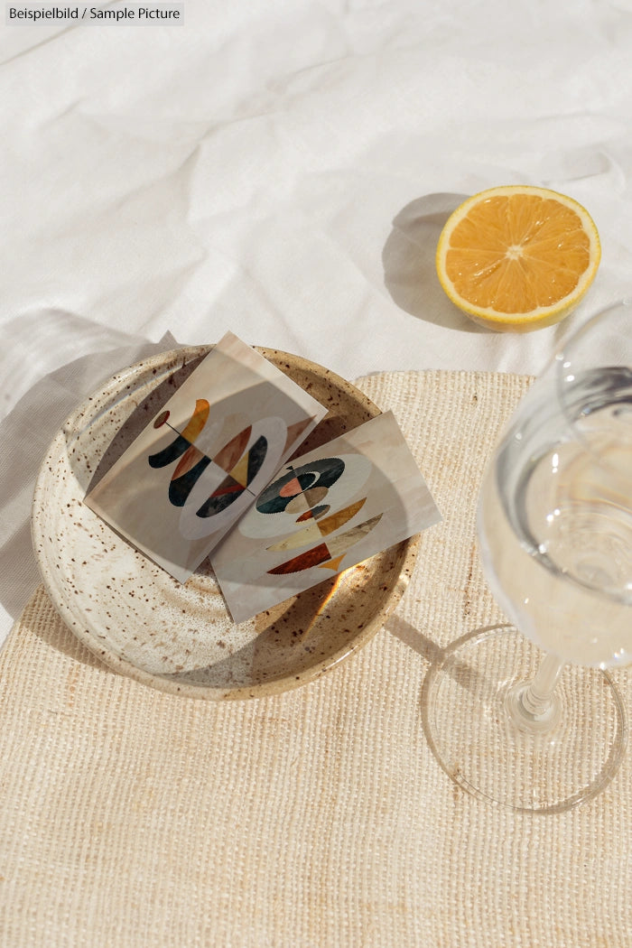 Art prints on neutral fabric surface with a glass of wine and a lemon half on white cloth.