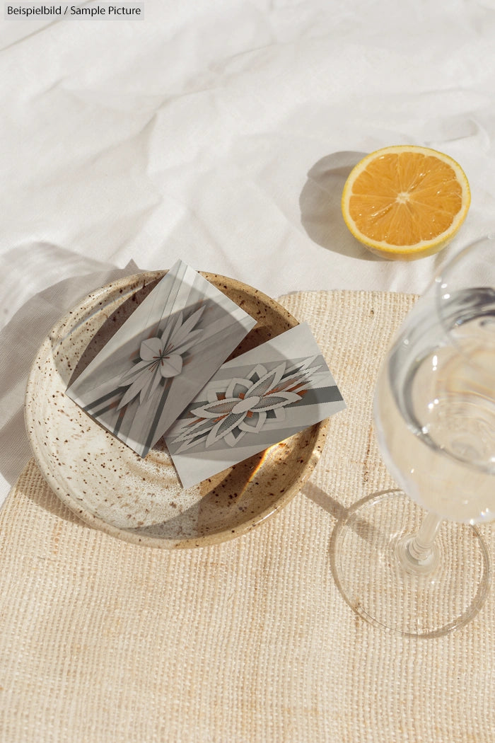 Two abstract art cards in a ceramic dish beside a glass of water and half an orange on a textured surface.