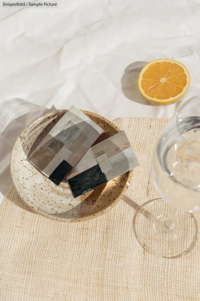 Two abstract paintings on a plate beside a half orange and a glass of water on a beige textured surface.