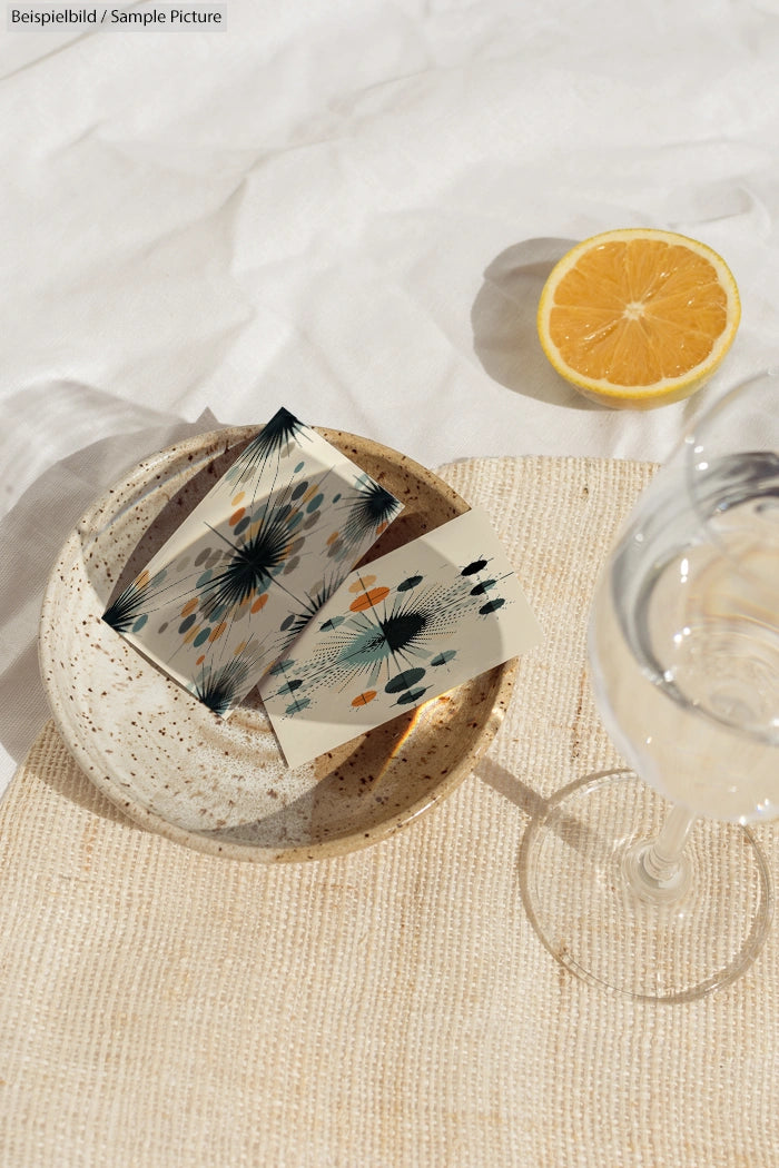 Decorative cards on a ceramic plate with half a sliced lemon and a glass on a light beige tablecloth.