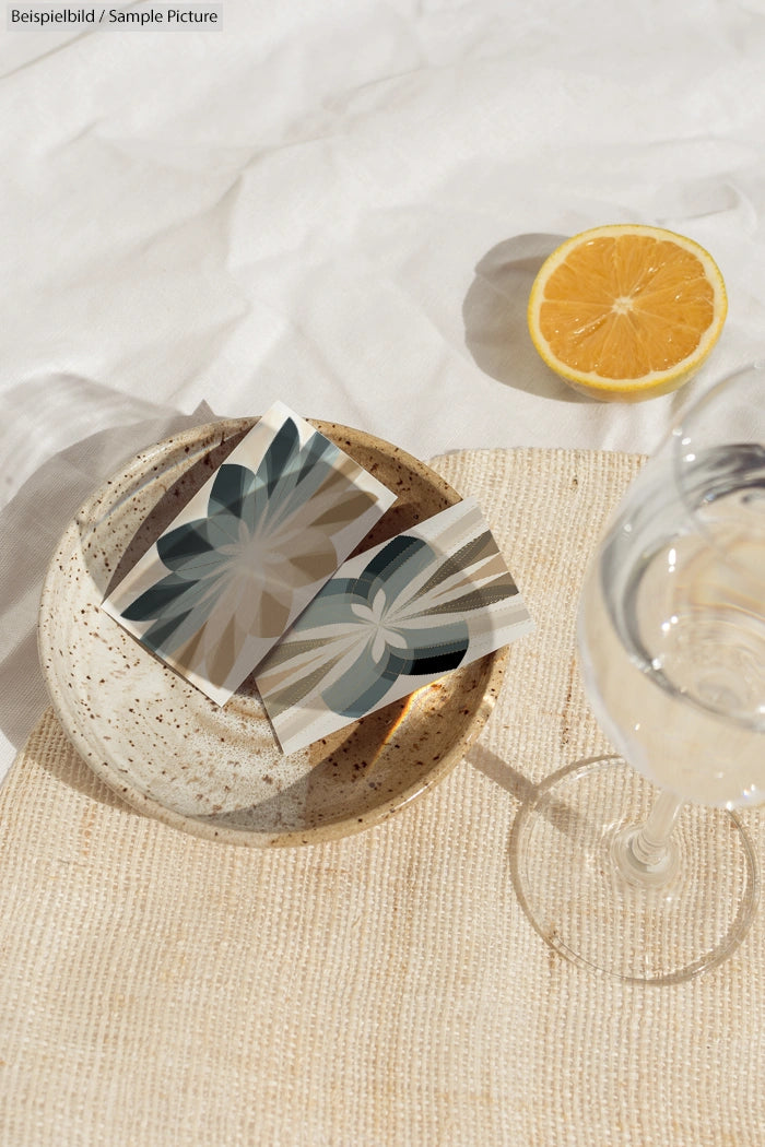 Speckled bowl with abstract art cards, half an orange, and a wine glass on a sunlit table.