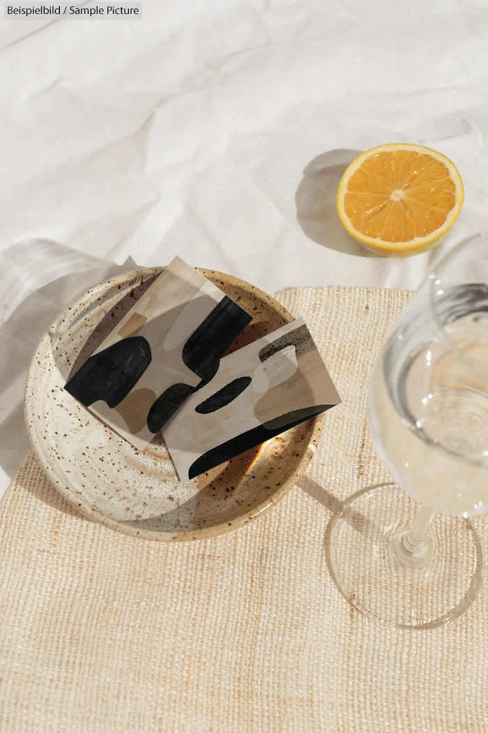 Abstract art cards on a ceramic plate beside a half orange and a glass of wine on a textured fabric surface.