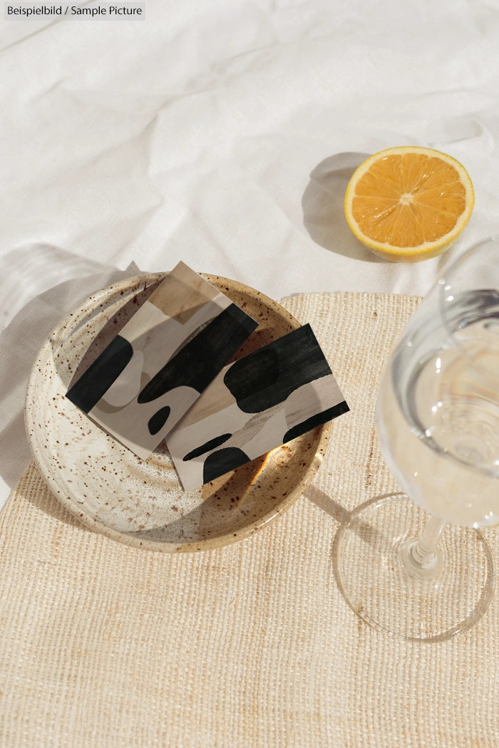 Art prints of abstract black and beige patterns on a plate with a glass of water and lemon slice on a textured surface.