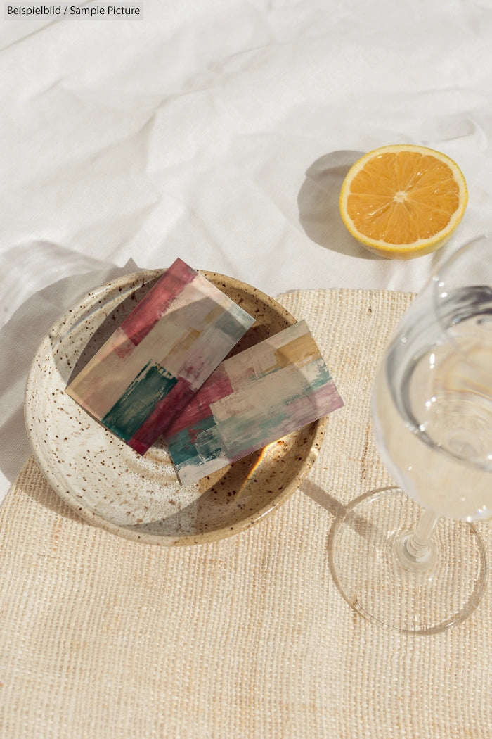 Art cards in a ceramic bowl on fabric beside a sliced orange and a water glass.