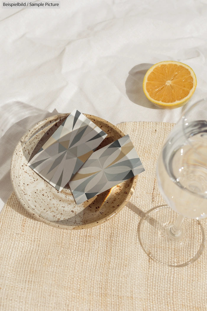 Artistic postcards on a speckled plate with a half orange and a glass of water on a sunlit woven mat.