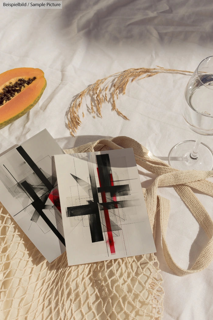 Abstract geometric art on cards with papaya, stems, wine glass, and net bag on light fabric backdrop.