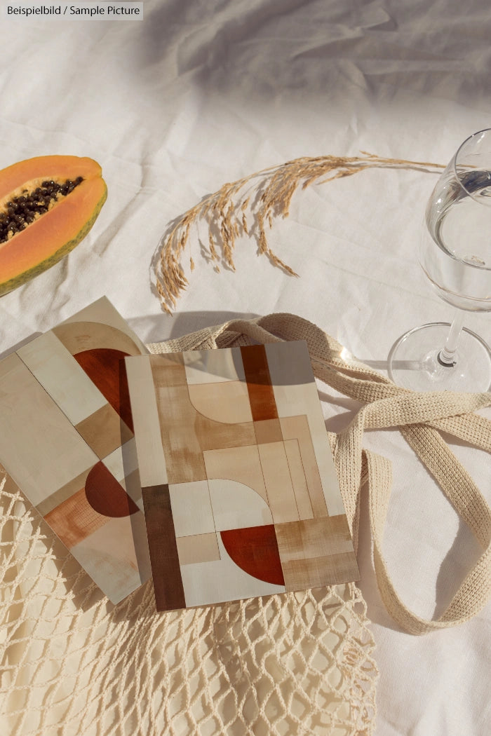 Abstract art postcards on fabric with papaya and wine glass, earthy tones and natural decor.