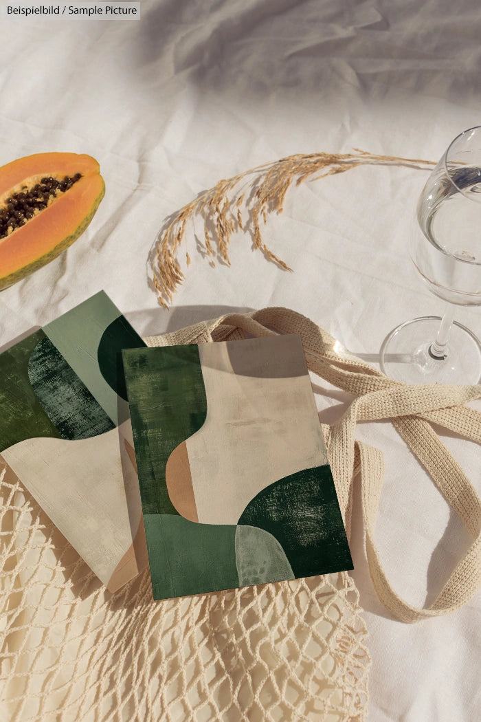 Abstract green and beige postcards with a papaya slice, wine glass, and cloth bag on a white background.