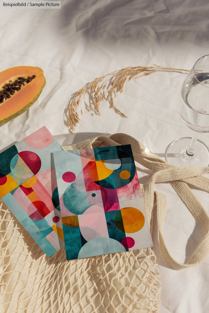 Colorful abstract postcards on cloth with a papaya, wheat, and empty wine glass; a tote bag in the background.