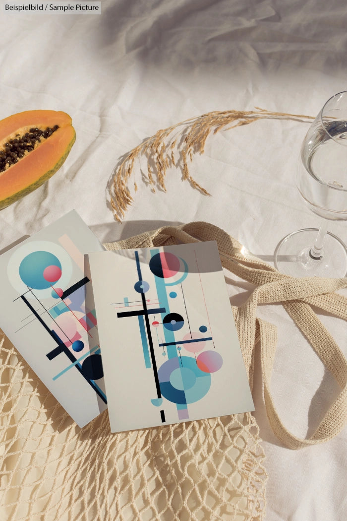 Abstract geometric art postcards with circles and lines on fabric, next to a papaya slice and glass.